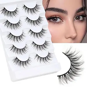 Wispy False Eyelashes Handmade Eyelashes Natural Look Fake Lashes Lightweight Lashes with Soft Cotton Band 5 Pairs Pack (G2-Black Cotton Band) Fluffy Cosmetic Makeup
