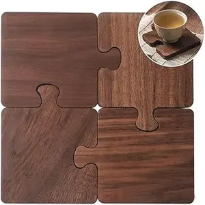 Puzzle Design Drink Coasters, Acacia Wood, Set of 4, Decorative Table Protection