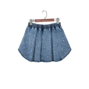 Ashleigh Blue Denim Pearl Embellished Elastic Waist Mini Skort