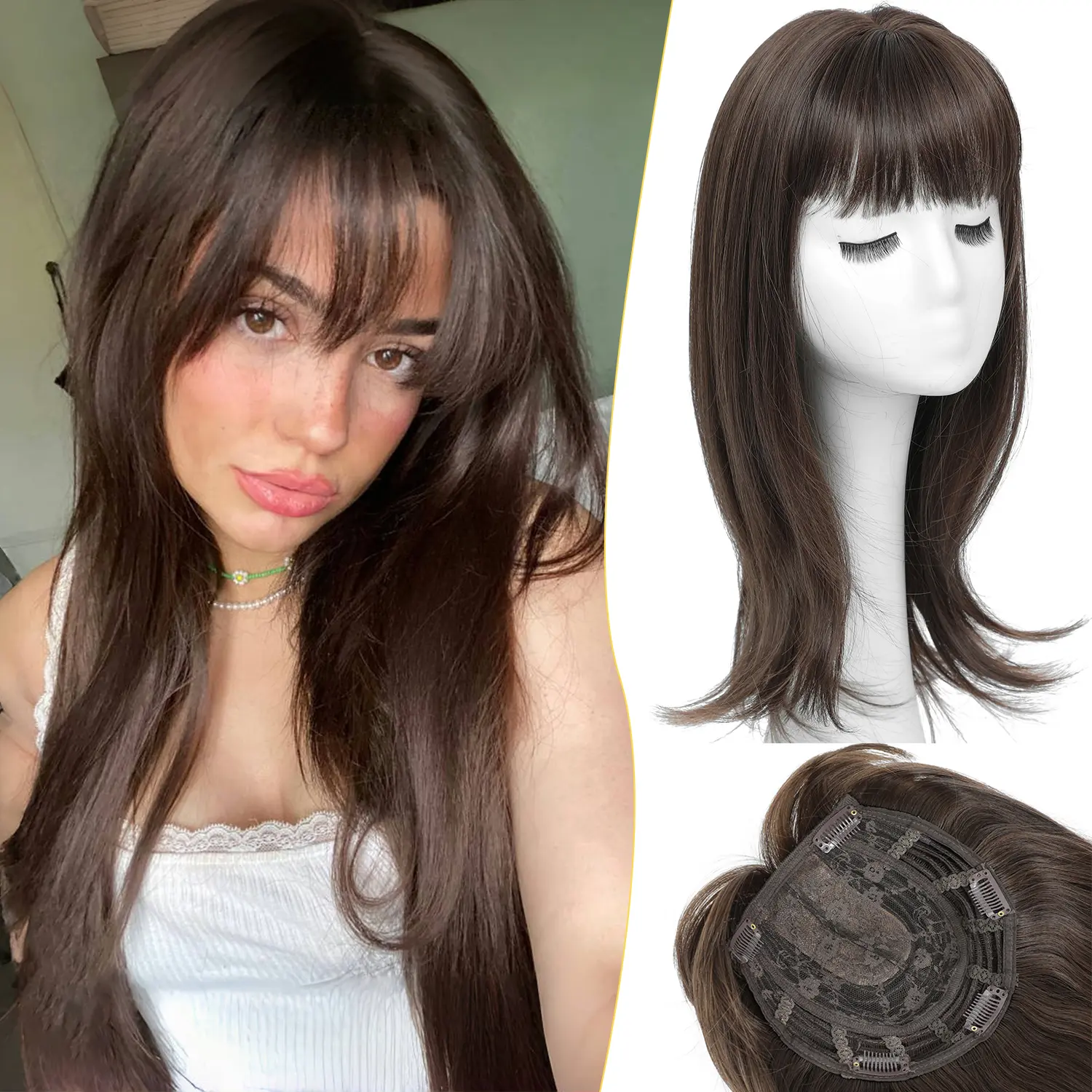 PANEWAY Hair Topper with Bangs for Women - 18 Inch Straight, Long Layered 360° Realistic Hairpiece for Thinning Hair, Your Everyday Solution
