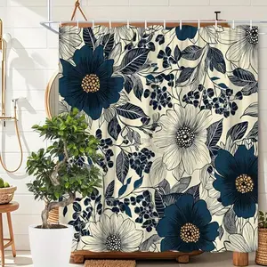 1pc Vintage Floral Shower Curtain - Navy Blue, Beige Botanical Bathroom Decor With, Extra Long 70.8X70.8 Inches, Machine Washable Polyester Curtain With 12 Hooks For Bathtub Or Shower - Elegant Bathroom Window Treatment, Bathroom Shower Curtain