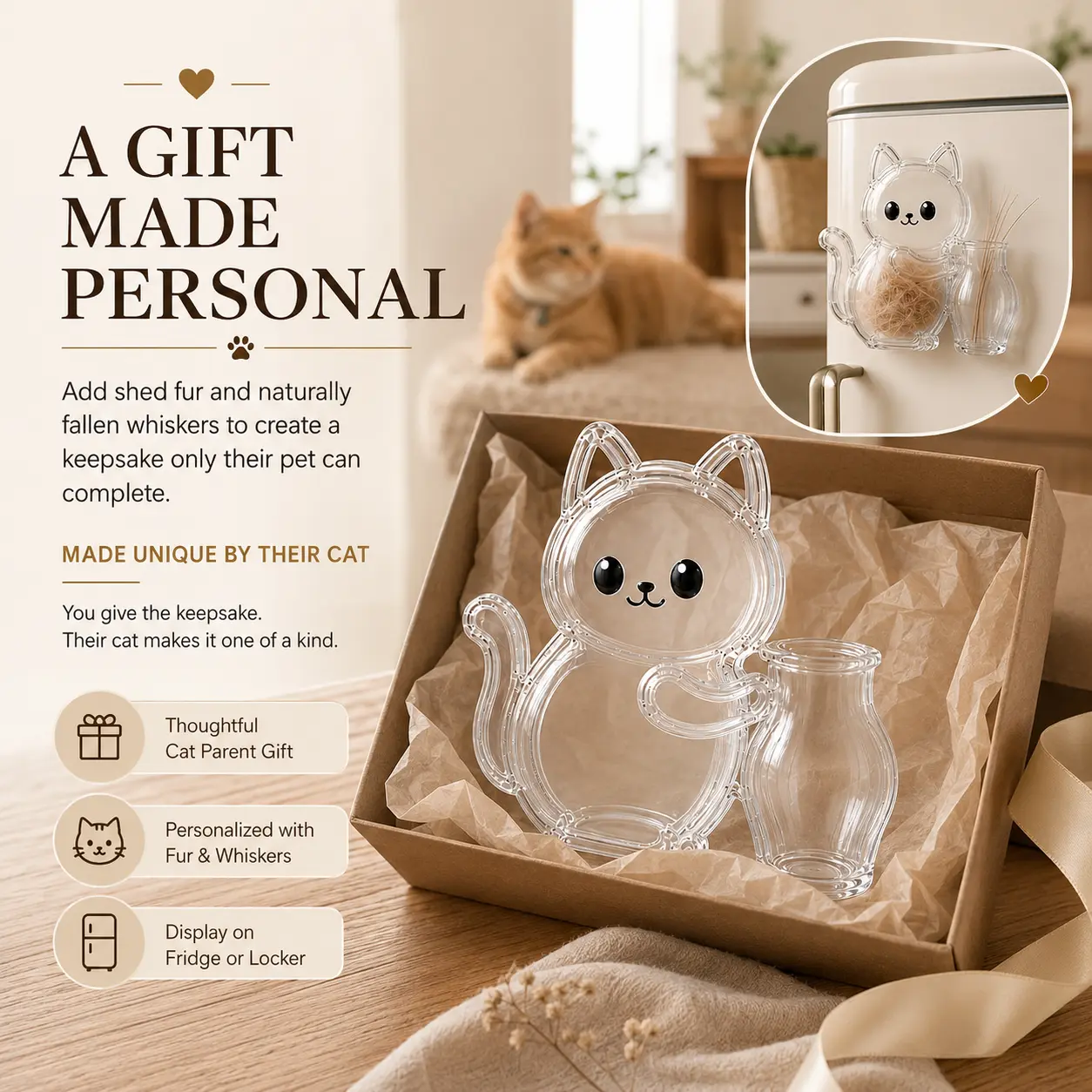 Cat Fur Keepsake Magnet, Cat Hair & Whisker Holder with Strong Magnetic Back, Transparent Cat Shaped Memory Collection Decor for Cat Moms and Pet Lovers