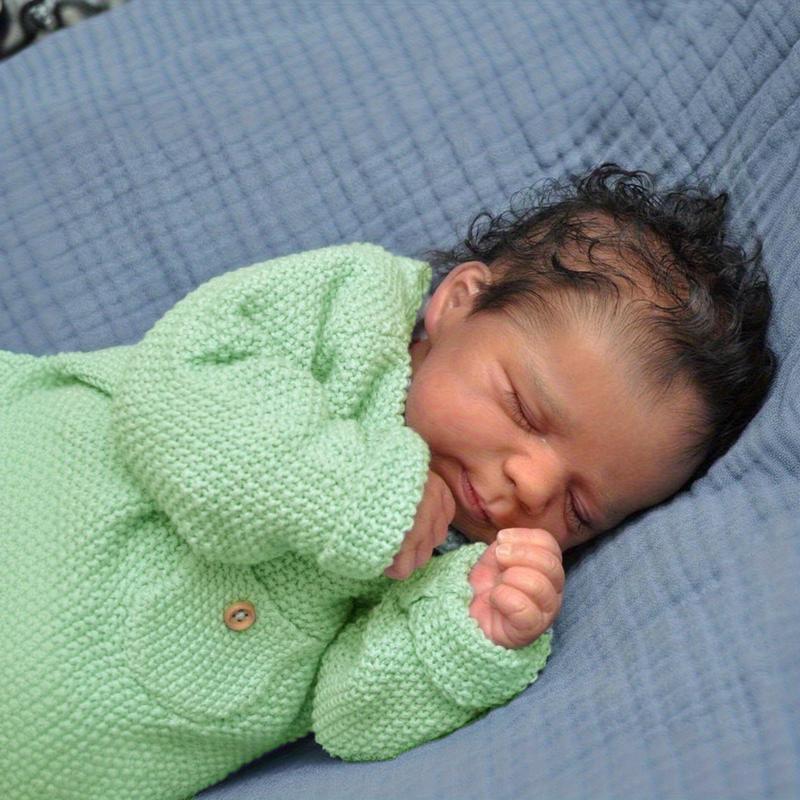 45 CM Asleep Reborn Baby Doll Toy Cloth Body Vinyl Limbs Lifelike Black Brown Skin Smile Babies Doll Kid Birthday Gift Collectable Humanoid Toys Lifelike Newborn Doll (Some Parts Random, Including Pacifier, Bottle, Diaper And Clothes Set)