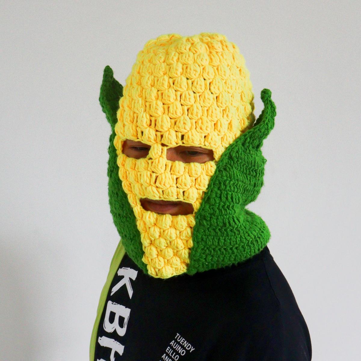 Handmade Crochet Corn Balaclava with Leaves, Funny Vegetable Ski Mask for Winter, Novelty Yellow Full Face Beanie, Y2K Silly Food Meme Hat, Viral Unique Gift for Men & Women