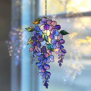 Purple Wisteria Acrylic Suncatcher, Faux Stained Glass Floral Window Hanging, 1-Layer Mica Hanging Flower Ornament with Hook, Elegant Home Décor