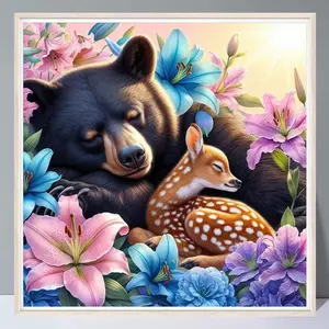 Black Bear & Plum Deer Pattern DIY Diamond Art Painting Kit without Frame, 5D Diamond Art Painting Kit, Wall Art Decor for Home Living Room Bedroom