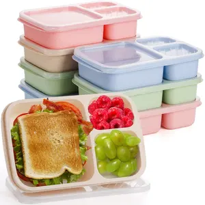 8 Pack Plastic Bento Lunch Boxes, Meal Prep Containers, Reusable Food Containers with Lids for School Work Travel Kitchen Organization, Stackable and Microwaveable, 3 Compartment