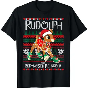 Funny Cute Rudolph The Red Nosed Reindeer Christmas Xmas T-Shirt, 100% Cotton, Single Side Printed, Black Short Sleeve T-shirt, 1 pc, Christmas Halloween Thanksgiving Gift
