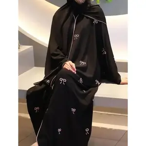 Dubai Muslim Women’s Luxury Abaya — long dress/kimono/cardigan/robe with bow embroidery, suitable for Ramadan, maxi length, modest African style
