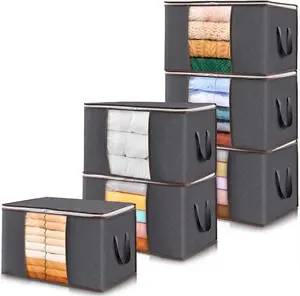 6 Pack Foldable Lidded Clothes Storage Bins with Zippers, Clear Window & Reinforced Handles, Home Organizers for Closet Clothing, Bedding