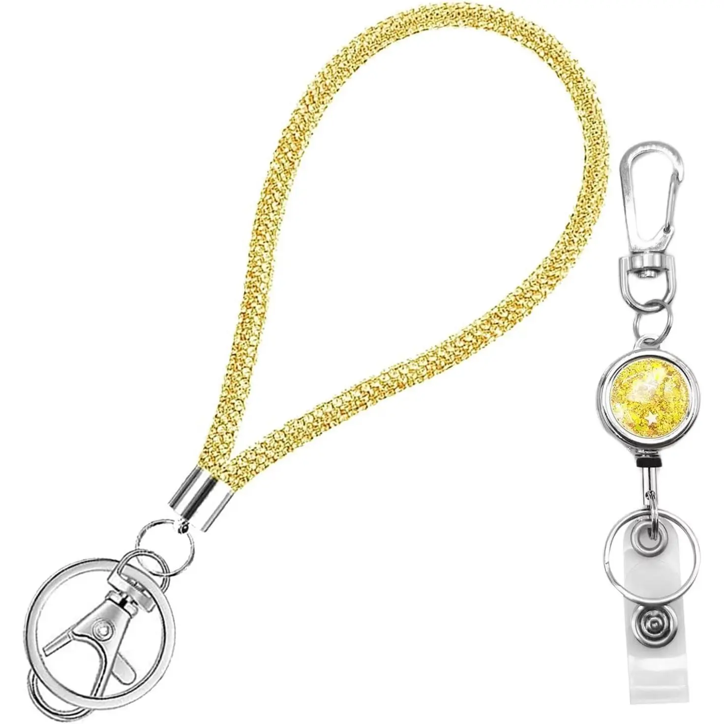 Retractable Keychain and Bling Rhinestone Wrist Lanyard Key Chain 2 Pack,Heavy Duty Badge Reel with Carabiner Clip and Key Ring Cute Wristlet Strap (Gold)