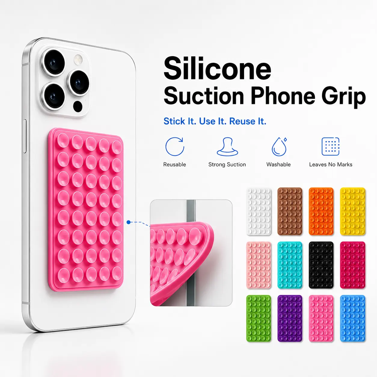 6-Pack Assorted Colors Silicone Suction Cup Phone Grip Holder - Double-Sided 40 Suction Cups Mobile Phone Mount, Reusable Hands-Free Accessory for Mirror Wall Selfies/Videos, Compatible with iPhone Android (12 Color Options) Room Accessories