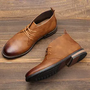 Men's Solid Color Plain Toe Derby Boots Vintage Retro Style Casual Rubber Sole Walking Shoes for Office Occasion Footwear Boy Olive Brown Closed Toe Design