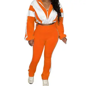 Tracksuit - Women's Orange & White Striped Hoodie and Pants Set for Casual Wear