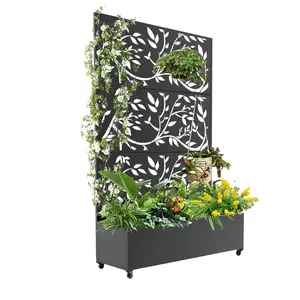 Metal Outdoor Privacy Screen with Planter Box, 72" H x 47" W Garden Decorative Planter Box with Trellis & Wheels for for Climbing Plants, Vegetable, Vines - Decorative Partition