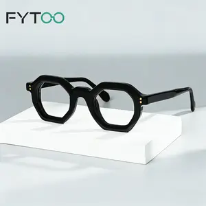 FYTOO Black Hexagon Acetate Glasses, Retro Octagonal Eyeglasses for Women Men, Thick Frame Clear Fashion Glasses