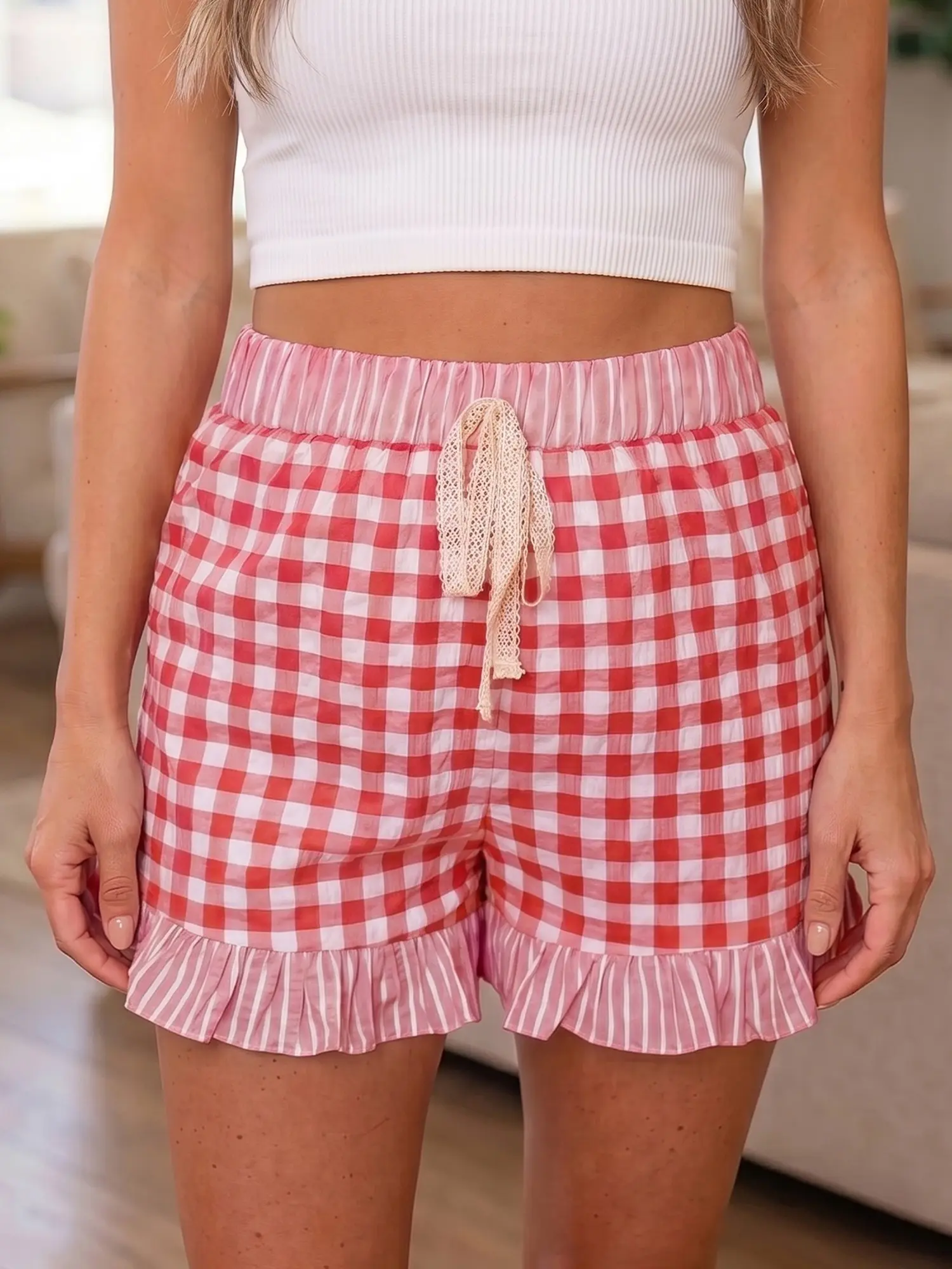 High Waist Red Plaid Gingham Casual Daily Wear Shorts with Lace Drawstring Waistband and Ruffle Hem Striped Trim for Women Daily Casual Bottom Outfit