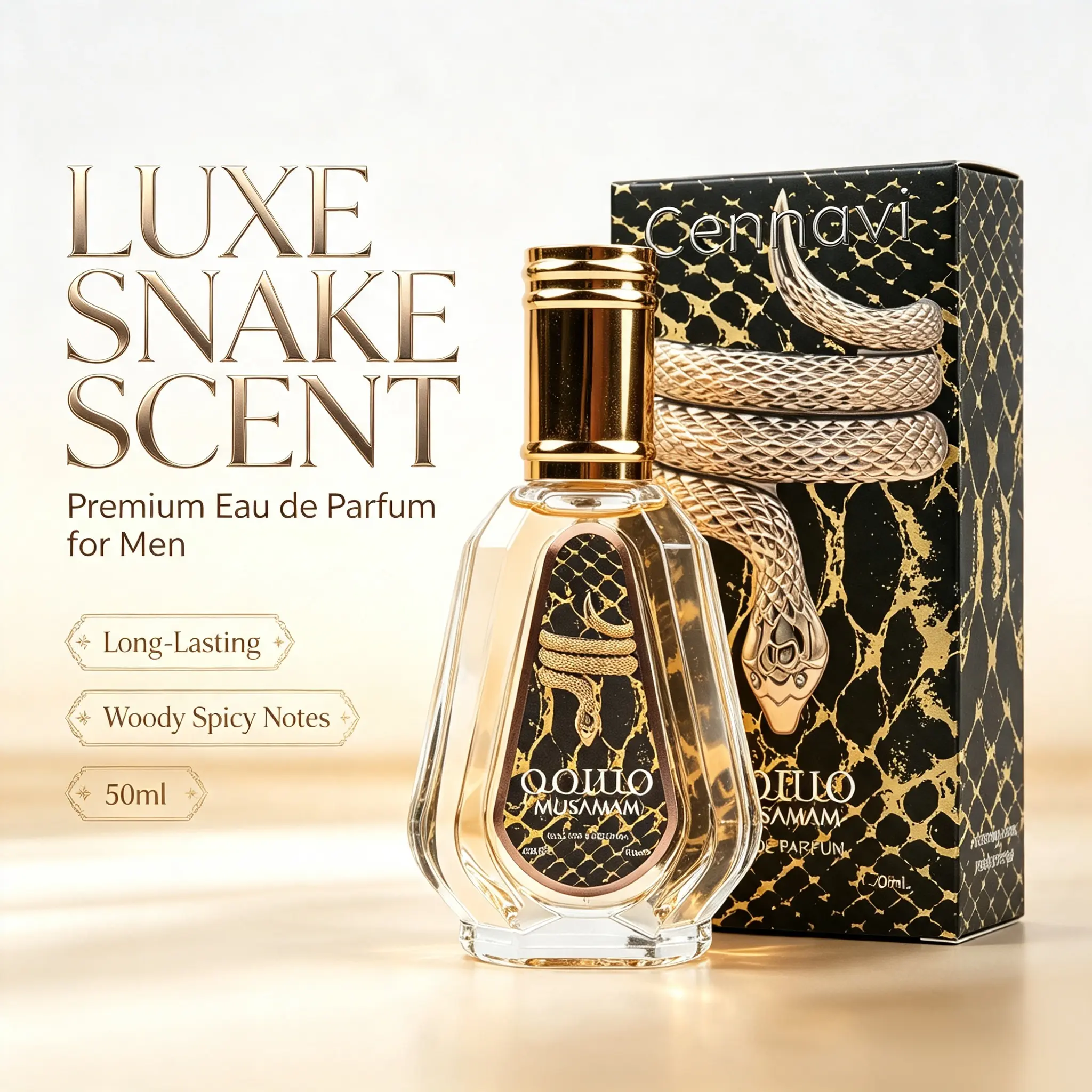 Cennavi Snake Eau De Parfum 50ml, Men's Woody Spicy Long-Lasting Captivating Fragrance, Elegant Glass Bottle, Gift For Men