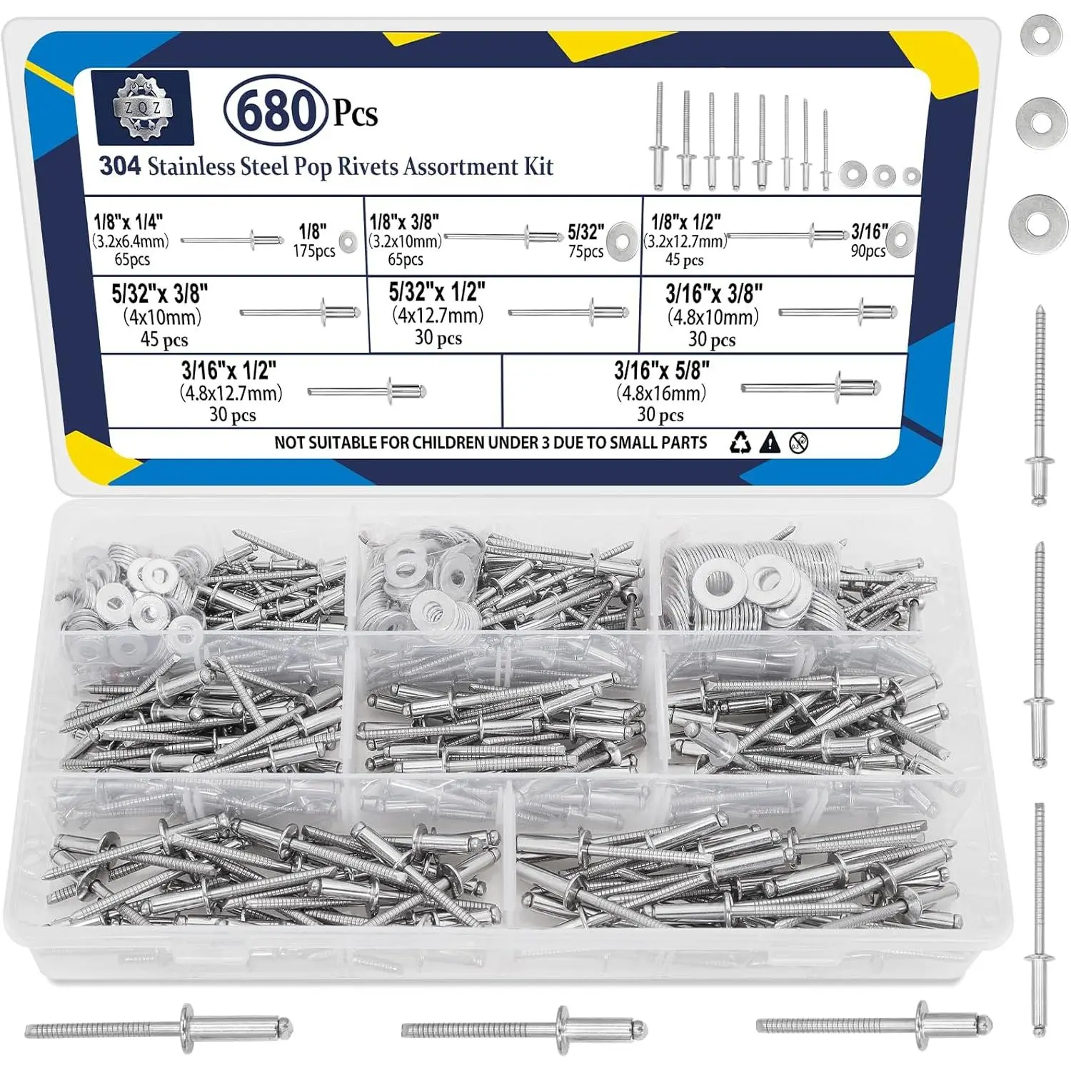 680 count Stainless Steel Pop Rivets, 8 Sizes Stainless Rivets with 1/8" 5/32" 3/16" Blind Rivets and Washers Assortment Kit