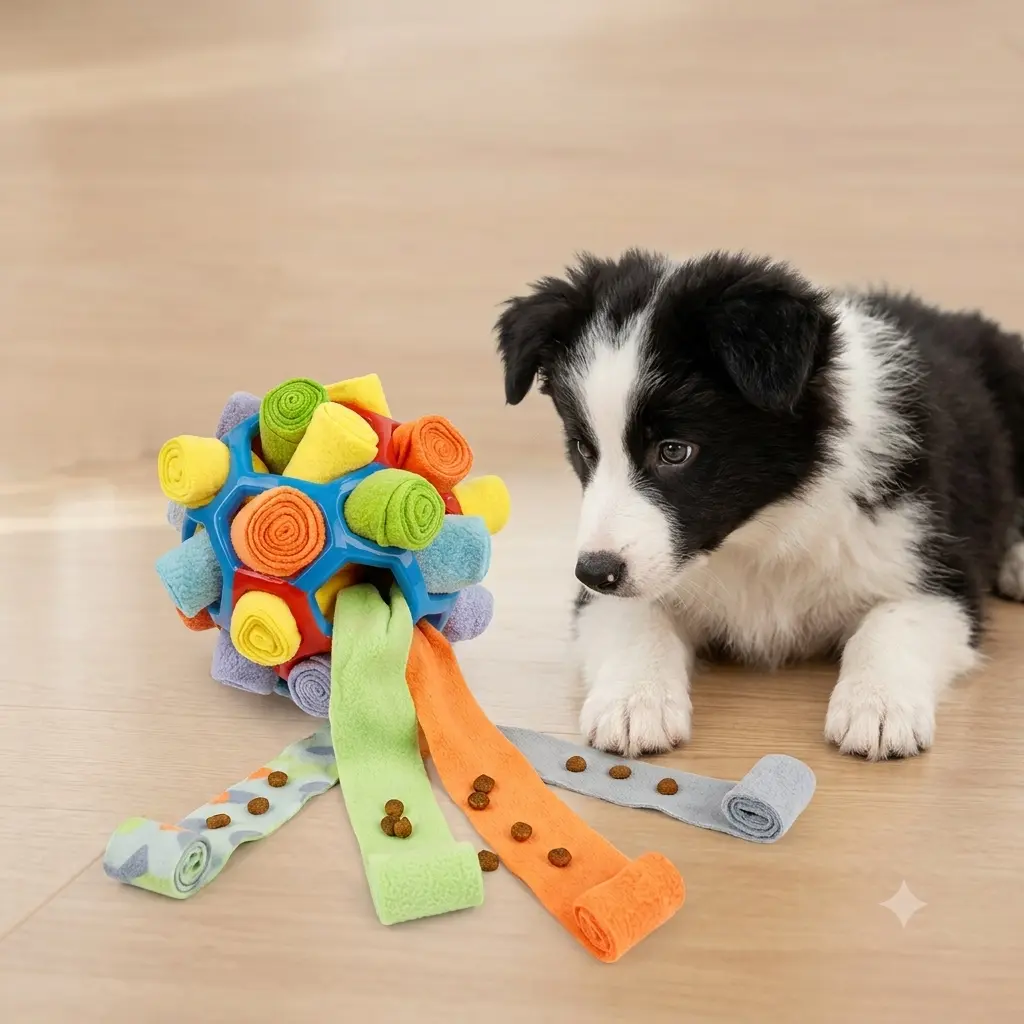 Interactive Pet Snuffle Ball Toy - Interactive Dog Puzzle Toy with Hidden Treat Strips for Brain Training, Mental Enrichment & Slow Feeding