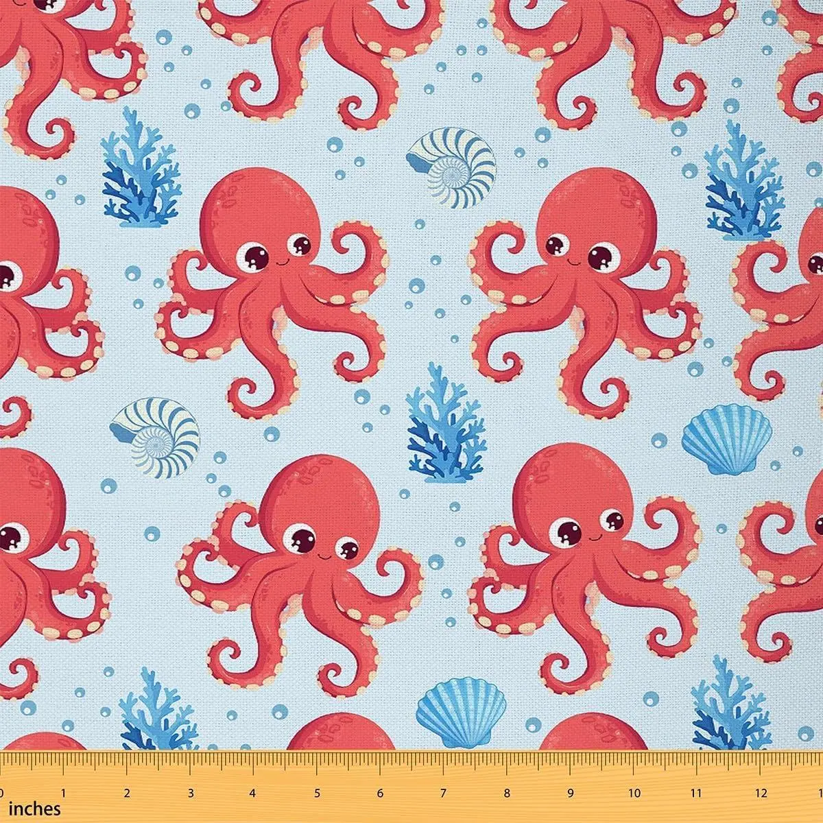 Cute Octopus Fabric Watercolor Blue Shell Plants Bubbles No Stretch Sewing Fabrics Cartoon Red Wild Sealife Ocean Theme Soft Flannel Polyester Fabric DIY Projects Pre-Cut