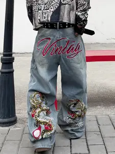 Men's Embroidered Blue Loose Jeans, Y2K Washed Street Fashion, Artistic Floral Design, Casual Wide Leg Pants, All-Season Wear