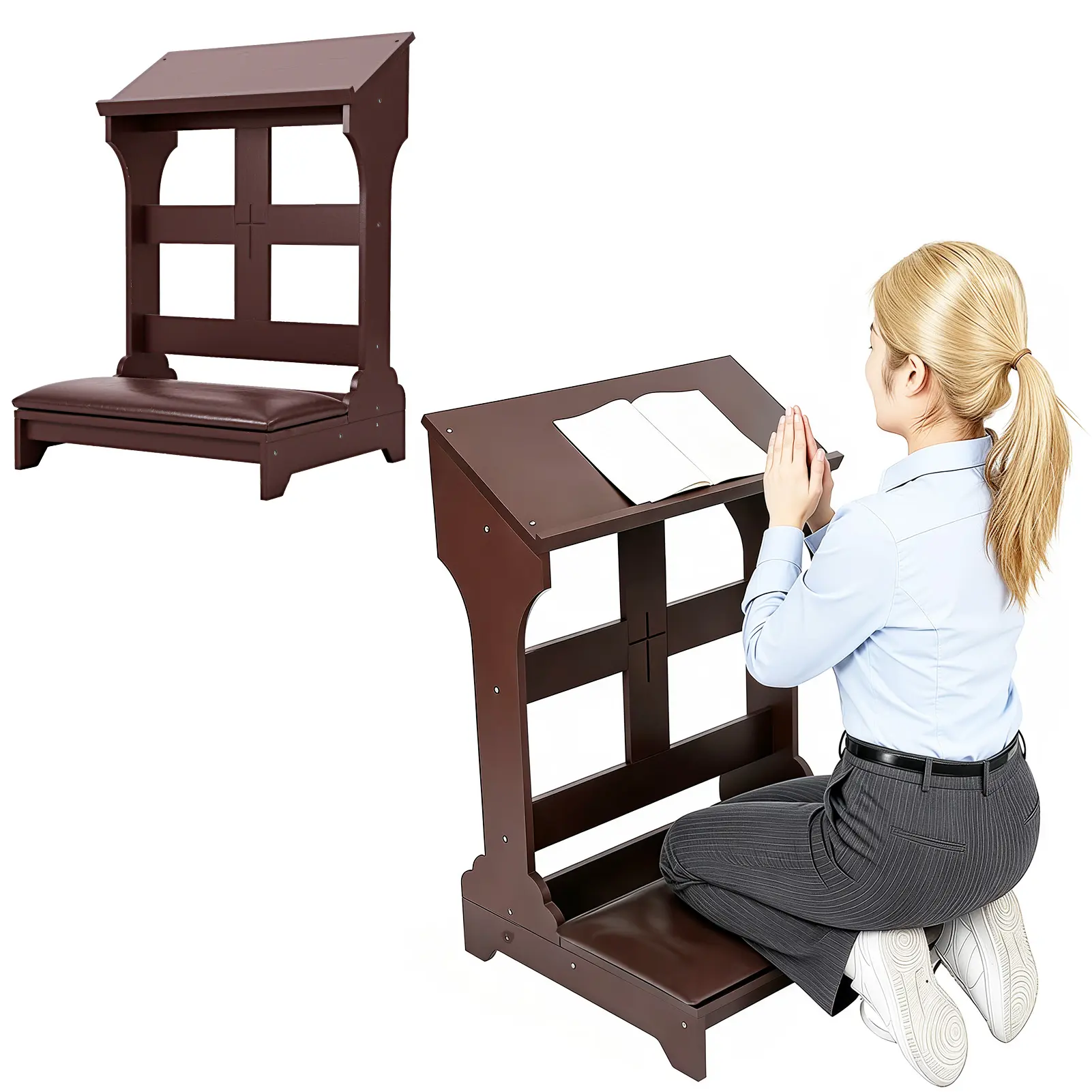 Solid Wood Prayer Kneeler Bench with Faux Leather Padded Cushion and Built-in Tabletop, Space-Saving Design for Home, Churches, Weddings - 23 x 20 x 32 in, 23X20x32 Inches, Easy Assembly, Kneeling At Home
