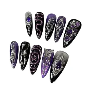 Dark Purple Goth Press On Nails – 3D Snake, Butterfly & Crystal Details, Chrome Gothic Aliencore Nails, Handmade Spooky Statement Set