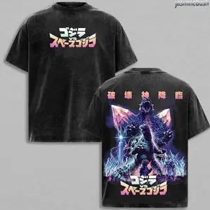 Godzilla Shirt Vintage Monster Movie Unisex Oversized Acid Wash Lightweight Cotton T-Shirt Kaiju Graphic Tee Retro Sci-Fi Film Inspired Tee Grunge Aesthetic Crewneck Streetwear Men Shirts Gift For Godzilla Fans QCZ