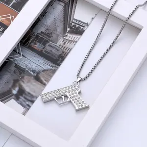 Full Diamond Submachine Gun Necklace for Men Punk Hip-Hop Creative Machine Gun European and American Style Personality Necklace Non-Fading for Women