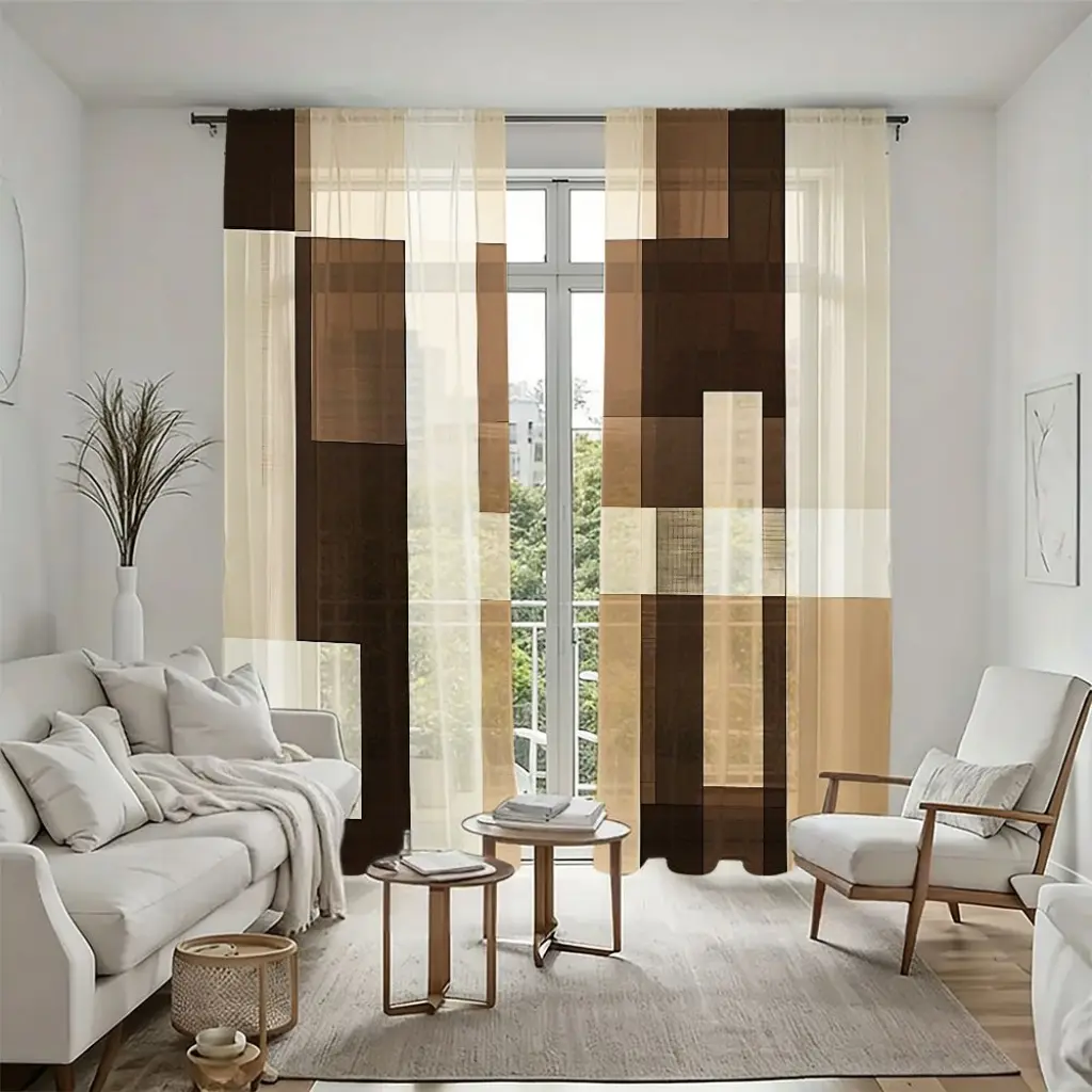 2Pcs Abstract Geometric Sheer Curtains Window Drapes, Modern Design Pole Pocket Semi-Transparent Window Screens, Stylish Home Decor, Home Decorative Curtain for Multi-Room Living Room, Bedroom, Study, Durable Coverings.