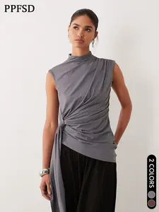 Women's Sleeveless Top, Summer New Arrival, Simple Fashion, Elastic Modal, Half High Neck, Knitted Vest, Waist Tie, Asymmetrical Hem T-Shirt