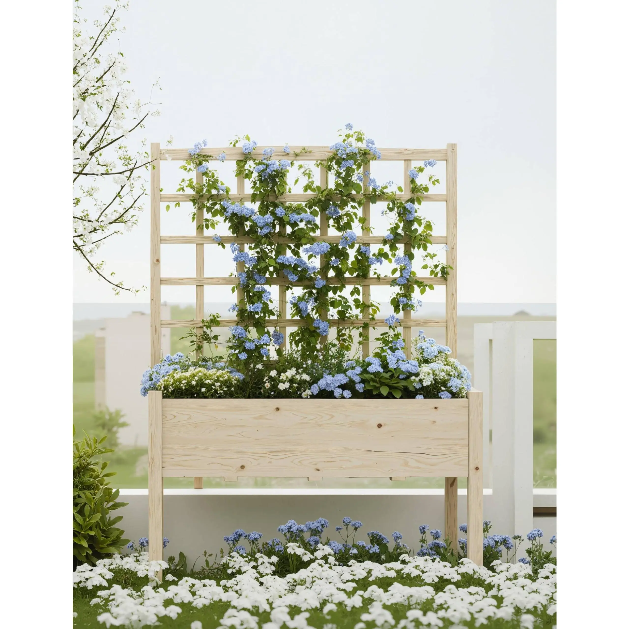 46"x23"x65" Raised Garden Bed with Legs & Trellis - Elevated Wooden Planter Box for Vegetables, Flowers, Climbing Plants - Outdoor Planter with Liner for Backyard, Patio, Balcony - Sturdy Stand Design, Natural Wood