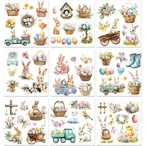 9 Sheets Easter Rub on Transfers for Crafts and Furniture Cute Bunny Floral Rub on Stickers 6" x 6" Spring Transfer Stickers for Easter Home Cabinet Ceramic Scrapbooking Decorative