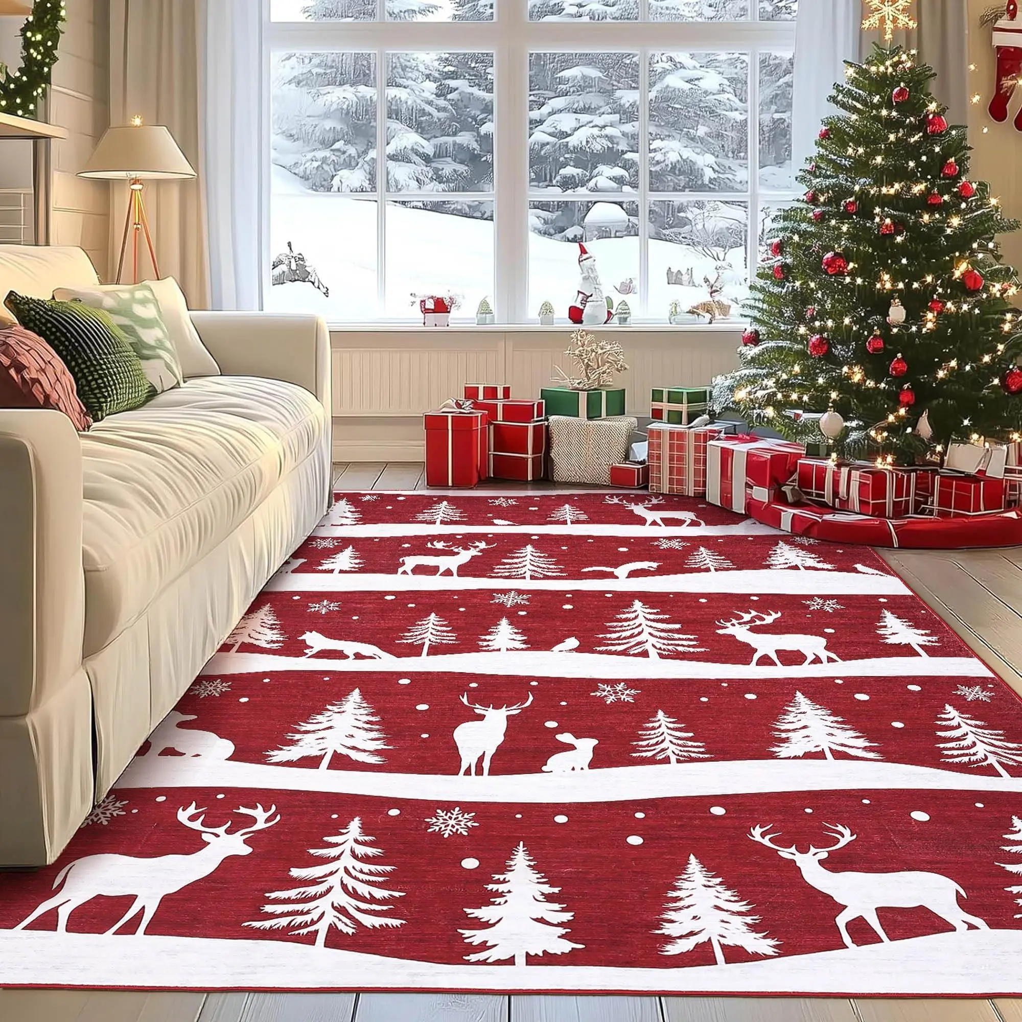 Red 9x12 Runner Rug,Indoor Non Slip Carpet,Soft Low Pile Christmas Rugs with Xmas Tree Reindeer Snowflake for Kitchen,Entryway,Living Room,Bedroom