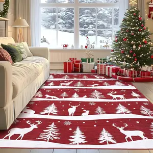 Red 8x10 Runner Rug,Indoor Non Slip Carpet,Soft Low Pile Christmas Rugs with Xmas Tree Reindeer Snowflake for Kitchen,Entryway,Living Room,Bedroom