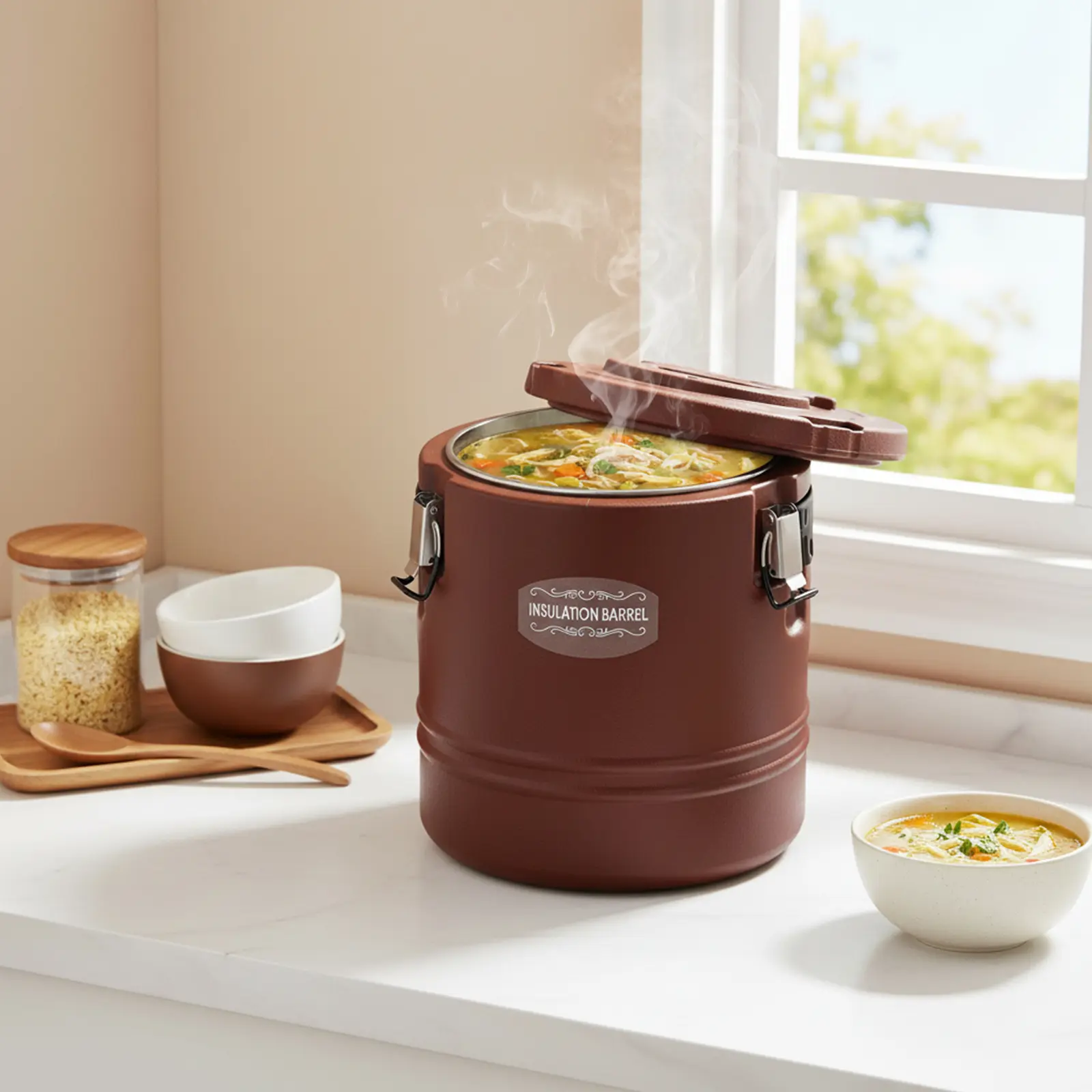 15L Insulated Bucket 15.85Qt, Stainless Steel Hot Cold Beverage Dispenser for Restaurant Party Catering, Brown Food Grade Thermos