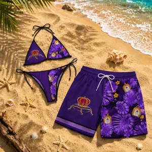 Crown Royal Purple Tropical Couples Swimwear Set, Matching Bikini & Men’s Beach Shorts, Hawaiian Summer Vacation Outfit