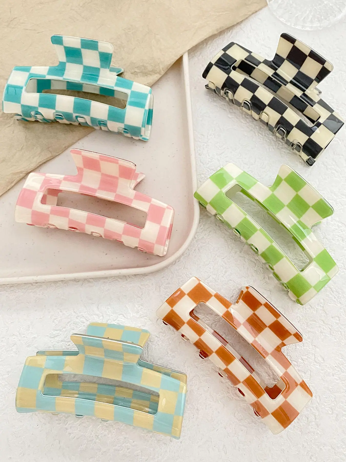 Checked Pattern Hair Claw Clip, Claw Hair Clips, Casual Hollow Out Design Fashion Hair Accessories for Women & Girls, Trendy All-match & Exquisite Hair Claws for Daily Use, Hair Claws Set
