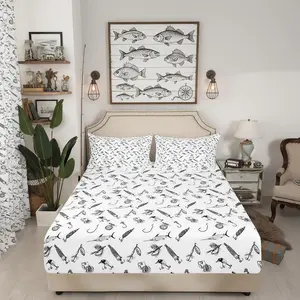 Hunt Fishing Fitted Sheet,Sketch Black White Fishhooks Print Bedding Set for Kids Boys Men Adult Bedroom Decor,Hunting Fish Bed Sheets Modern Soft Deep Pocket Sheet
