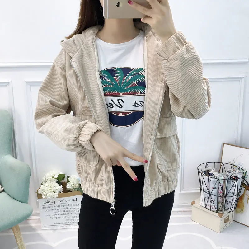 Women's Elevated Casual Korean-Style Cotton Hooded Corduroy Jacket - Short, Thick-Fabric Blush Pink XL Outerwear Top, Coats, Chilly Days, Solid Colors, Chic, Standard Sizes, S To Xl, Refer To Size Chart, Sizes S-Xl