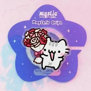 Magnetic Phone Grip Chubby Cat with Roses Kindleholder – Cute White Kitty Flower Bouquet, Wholesome Love Magneticphonegrips, Kawaii Style, Sweet Gift for Girlfriend