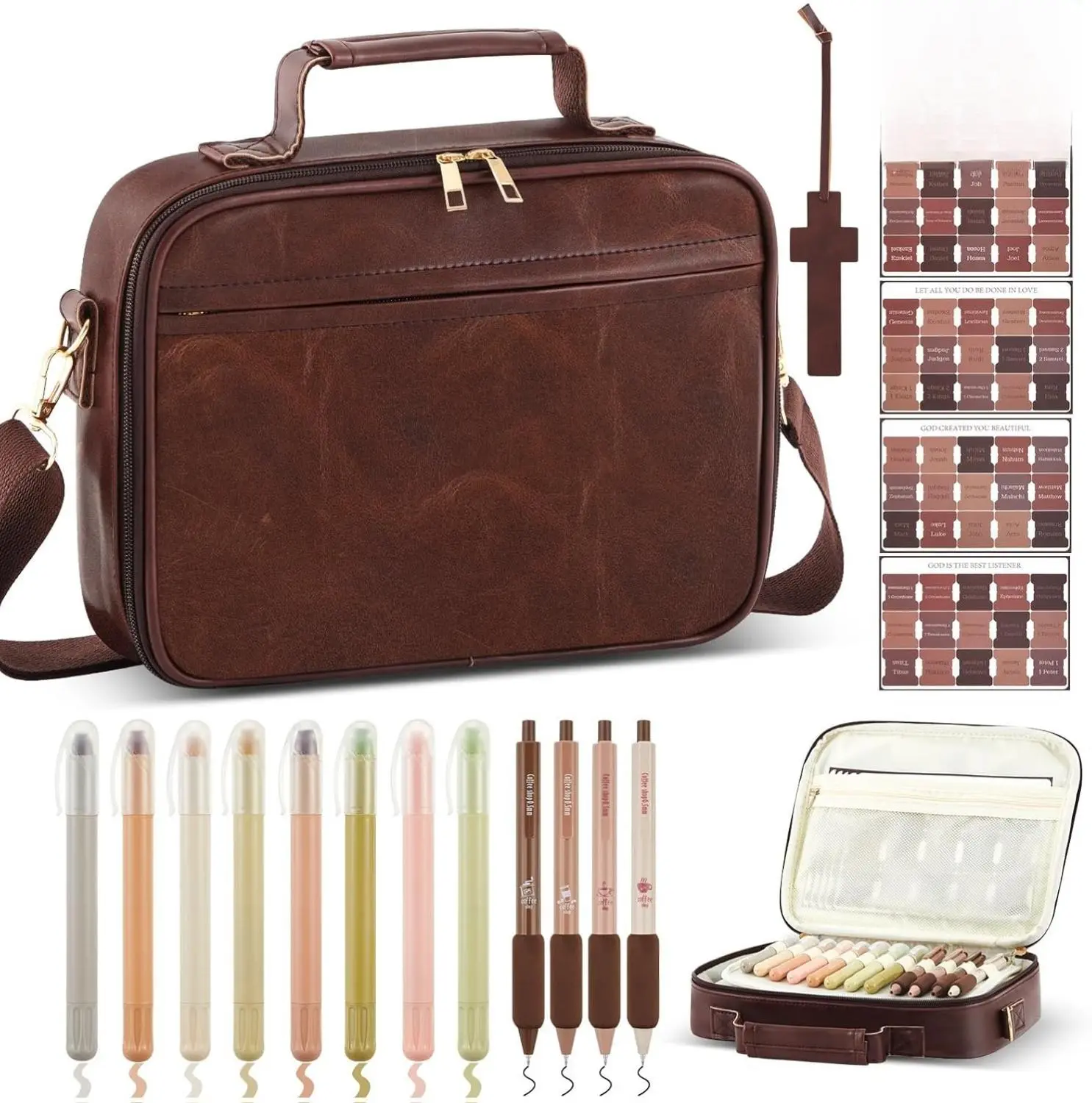 Bible Cover Case for Men - Large Brown Leather Bag with Study Supplies, Journaling Kit, Highlighters, Pens, Bible Tabs, and Bookmarks for Christian Gifts