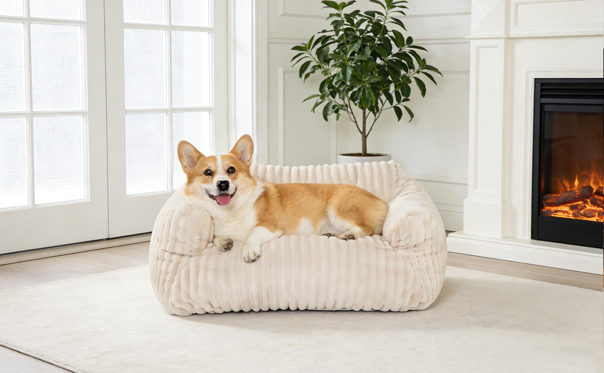 LIKIMIO Pet Couch Bed 24 & 30 Inch - Corduroy Fluffy Sofa for Cats & Small/Medium Dogs, Removable Washable Cover, Supportive Indoor Pet Furniture