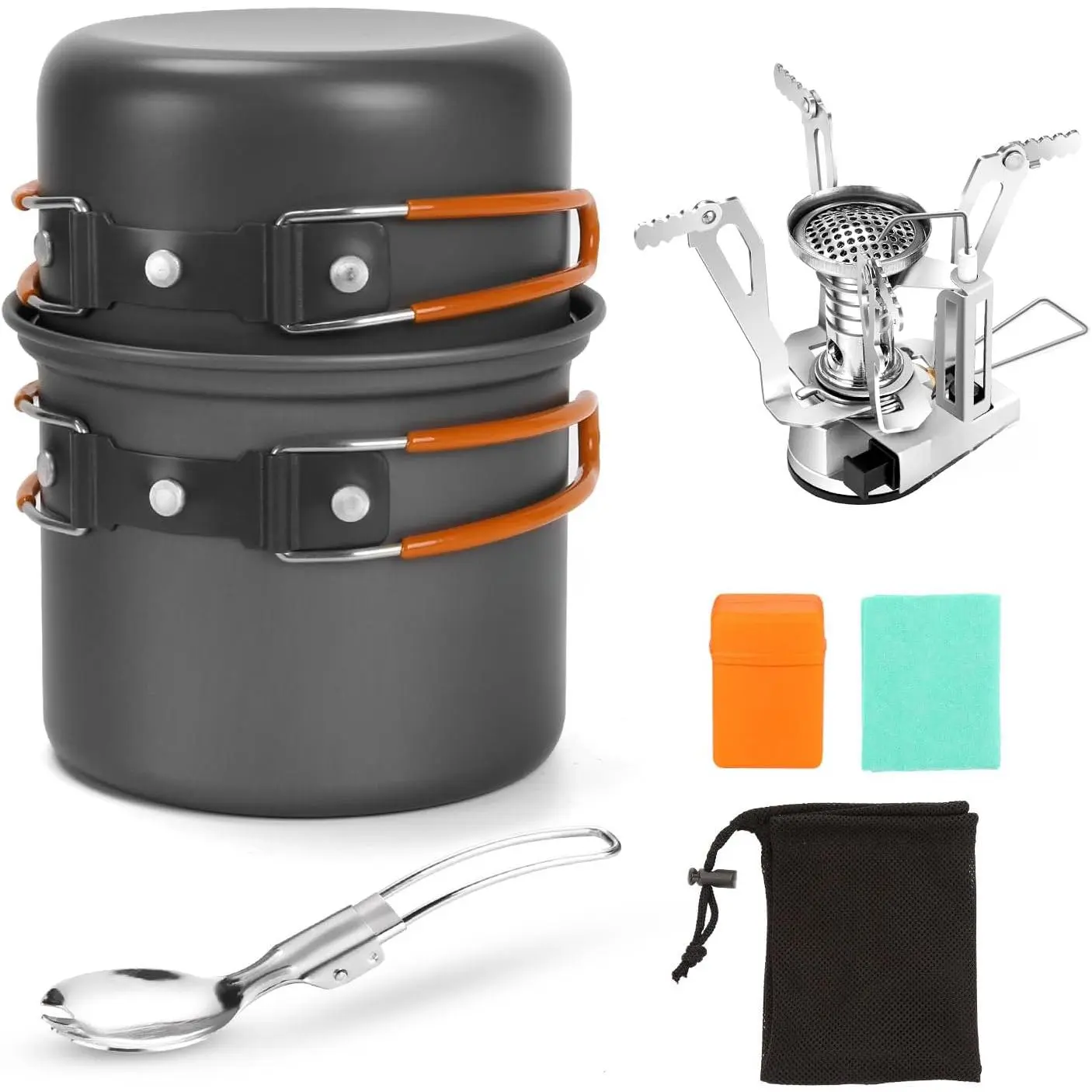 Baby & Maternity 6pcs Camping Cookware Mess Kit - Lightweight Pot, Stove, Spork, Carry Mesh Bag - Ideal for Backpacking, Hiking, Outdoor Use