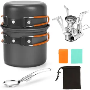 6pcs Camping Cookware Mess Kit with Lightweight Pot, Stove, Spork and Carry Mesh Bag, Great  Backpacking Outdoor Camping Hiking and Picnic