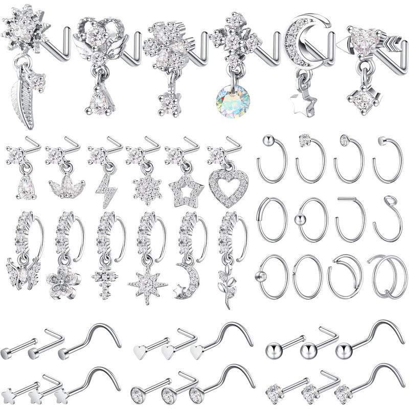 48 Pcs Dangle Nose Rings for Women Nose Piercings Jewelry Studs Hoops with Charm Stainless Steel Indian Nostril Rings for Women