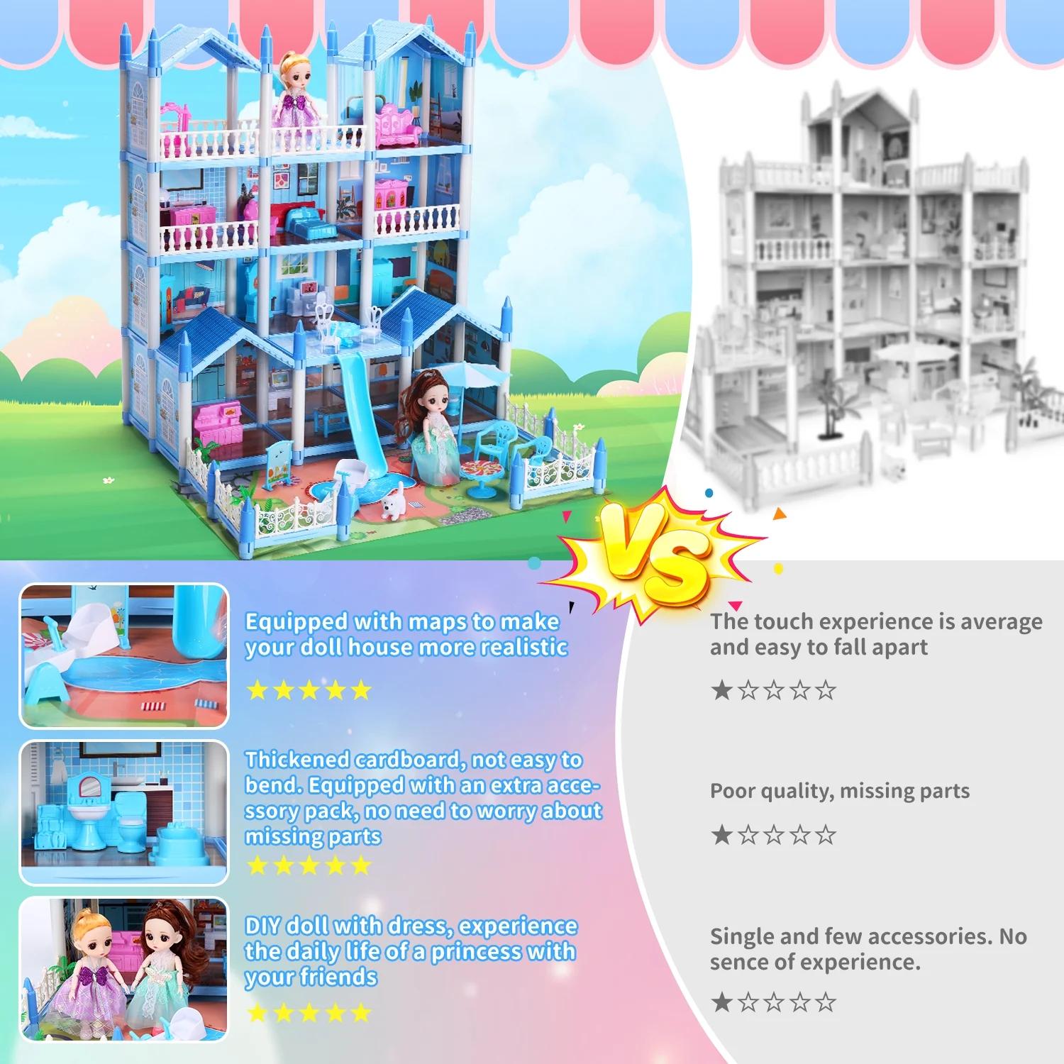 Play Dollhouse with Doll Toy Figures, 14 Rooms Furniture and Colorful Lights, Creative Doll House Gift for Girls Ages 3+, Assemble Required, Blue