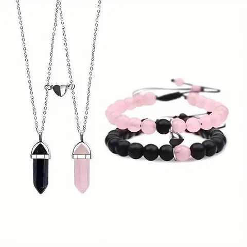 Couple Fashion Jewelry Set - Magnetic Beaded Natural Stone Bracelets, Matching Half-Heart Necklaces, Trendy Romantic Accessories, Cute Boyfriend Gifts for Adults, Trendy Jewelry Set