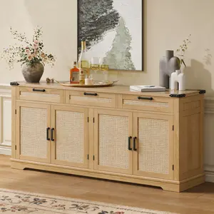 61” Large Sideboard Buffet Cabinet with 4 Doors and 3 Drawers, Farmhouse Buffet Table, Dining Room Storage Cabinet for Kitchen or Living Room, White